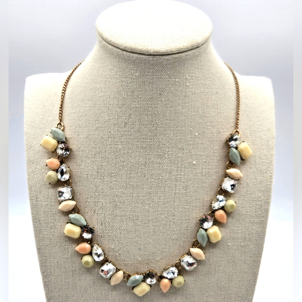J. CREW VIntage Statement Necklace Faux Pastel Stones Rhinestones Gold Tone